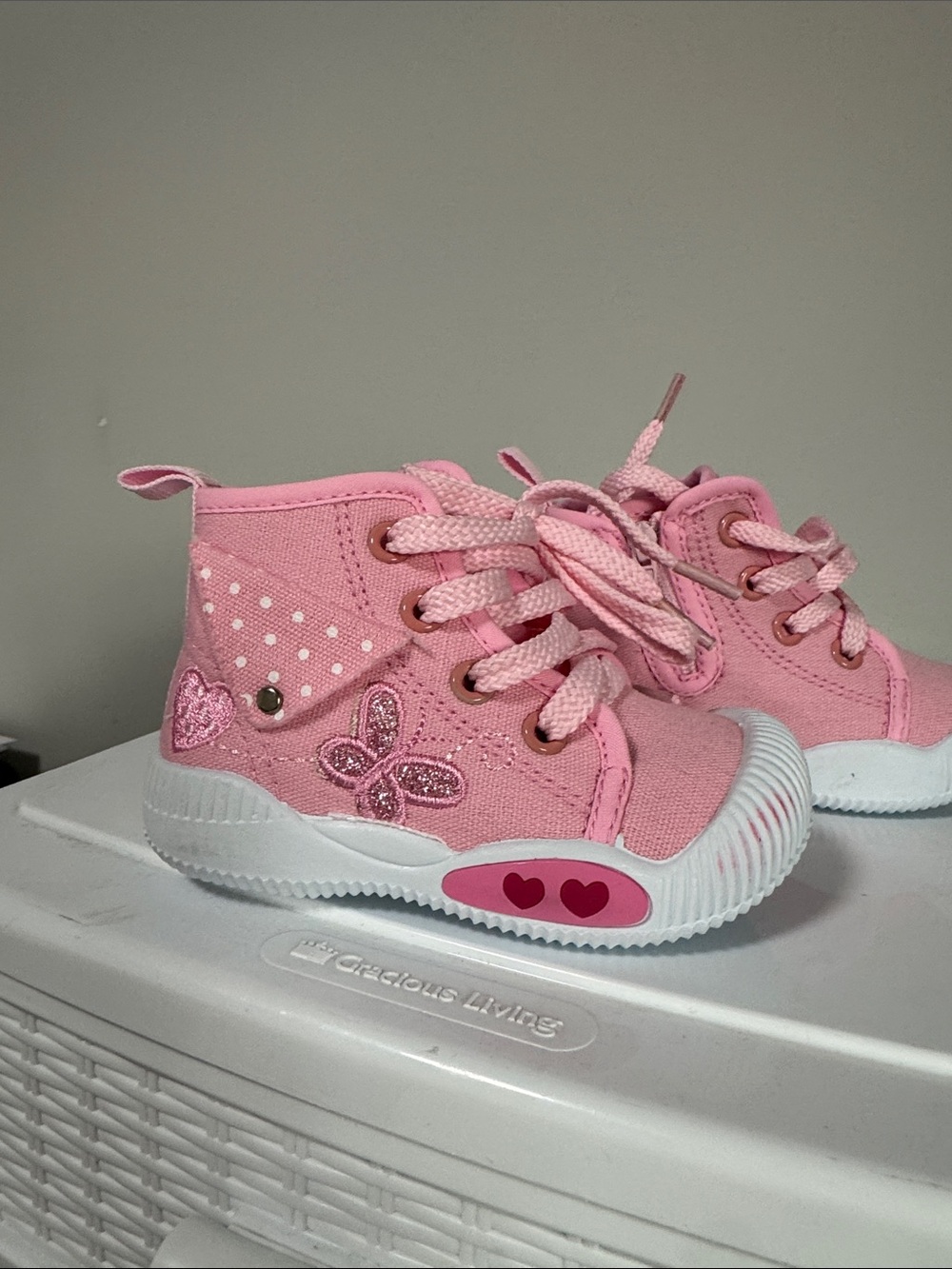 Girls Pink High-Top Canvas Sneakers with Heart & Butterfly Details